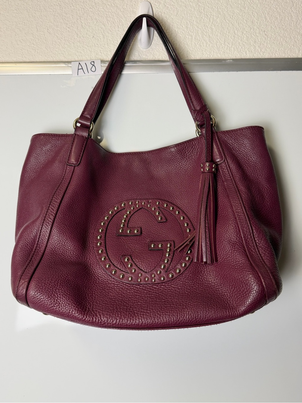 Gucci Burgundy Pebbled Leather Studded Shoulder Bag
